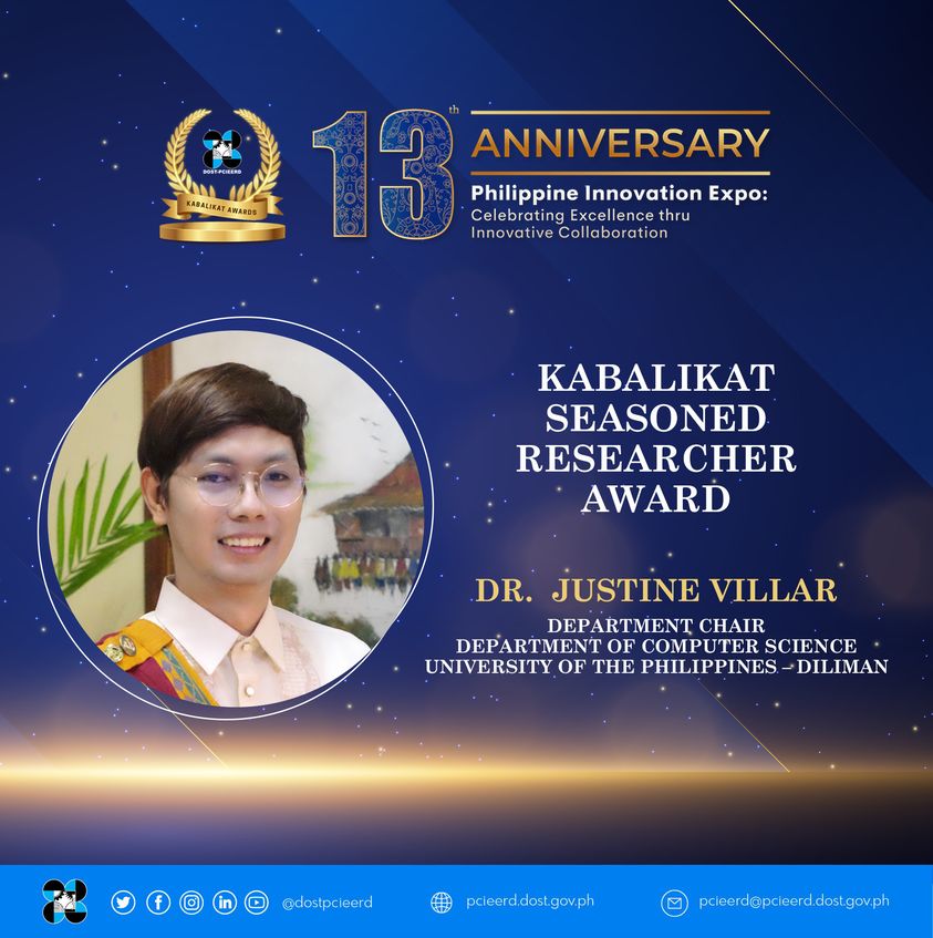 DCS faculty member, Chairman, Dr. John Justine Villar receives Kabalikat Seasoned Researcher Award from DOST-PCIEERD